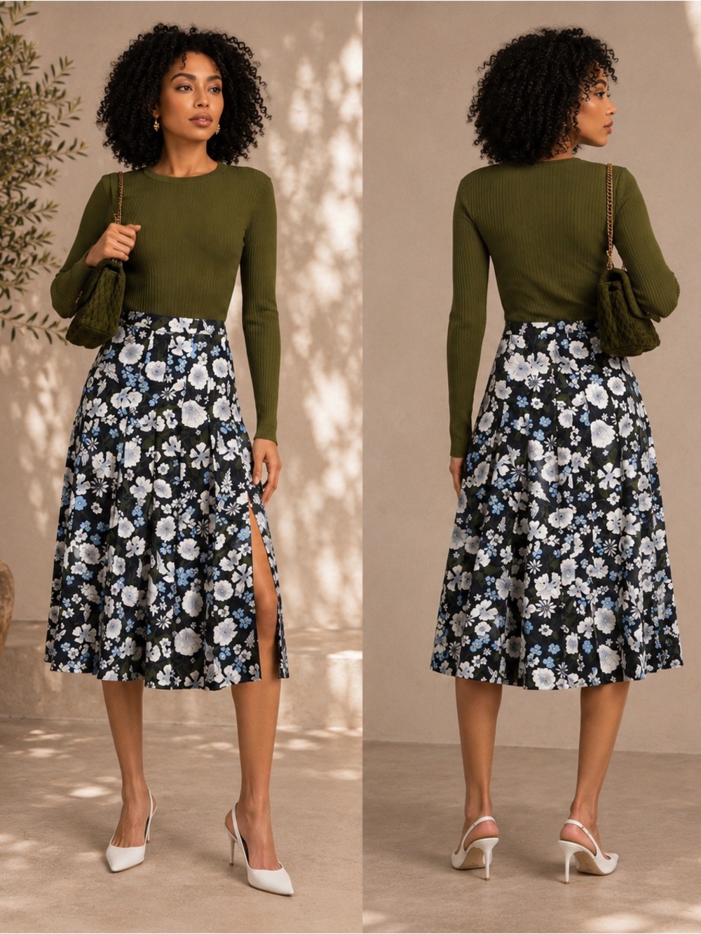 Veronica Beard Norris Silk Blend Pleated Midi Skirt Navy Multi Floral Slit Sz 12